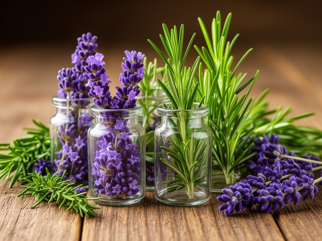 Świeże zioła i ekstrakty botaniczne w szklanych fiolkach na drewnianej powierzchni — lawenda, rozmaryn i inne naturalne rośliny