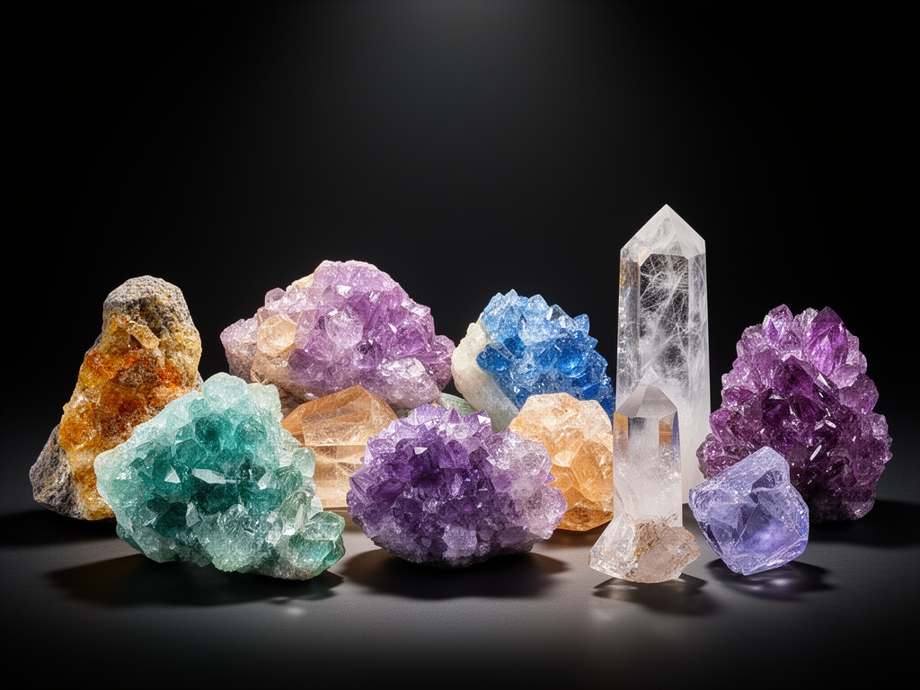 Różnokolorowe kryształy i minerały naturalne na ciemnym tle, podświetlone światłem ukazującym ich strukturę i teksturę