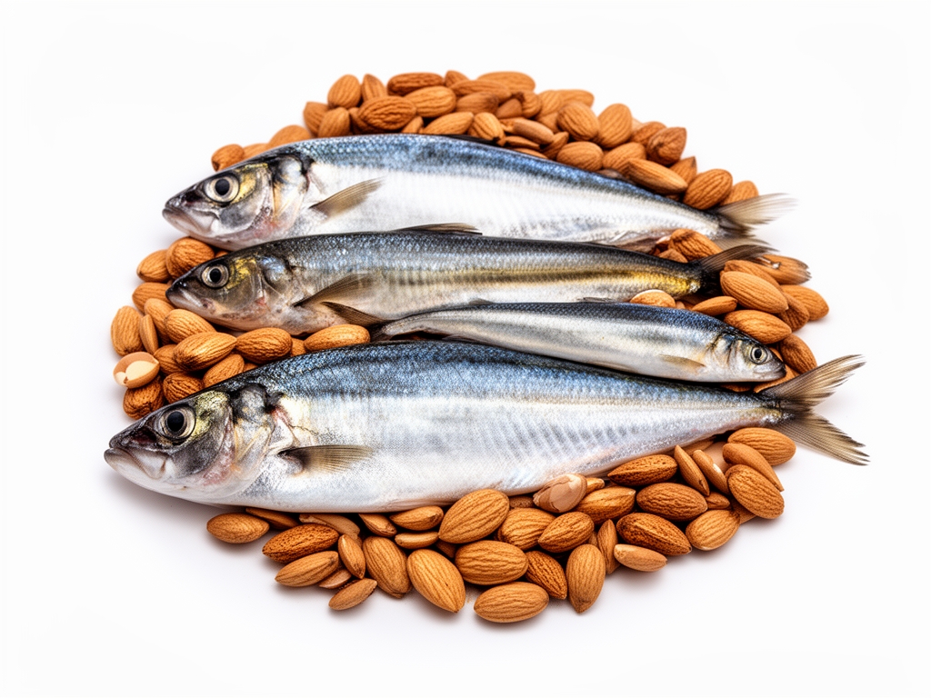 Ryby morskie i orzechy włoskie ułożone na czystym białym tle, naturalnie bogate w kwasy omega-3 i inne niezbędne tłuszcze