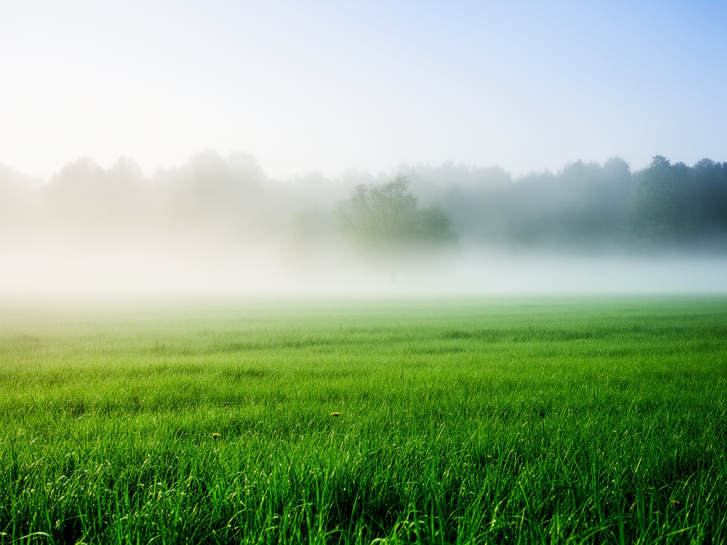 Spokojna naturalna sceneria z zieloną łąką i poranną mgłą, symbolizująca holistyczne podejście do dobrostanu i równowagi