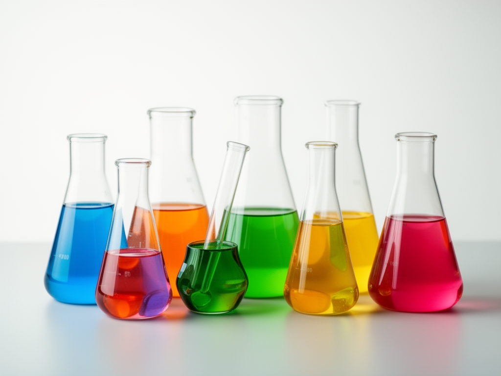 Szklane kolby laboratoryjne z kolorowymi płynami na jasnym tle, symbolizujące badanie i mieszanie składników odżywczych