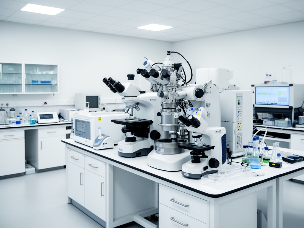 Nowoczesne laboratorium badawcze z mikroskopemelektronowym i sprzętem analitycznym na białych blątach, czyste i dobrze oświetlone środowisko naukowe